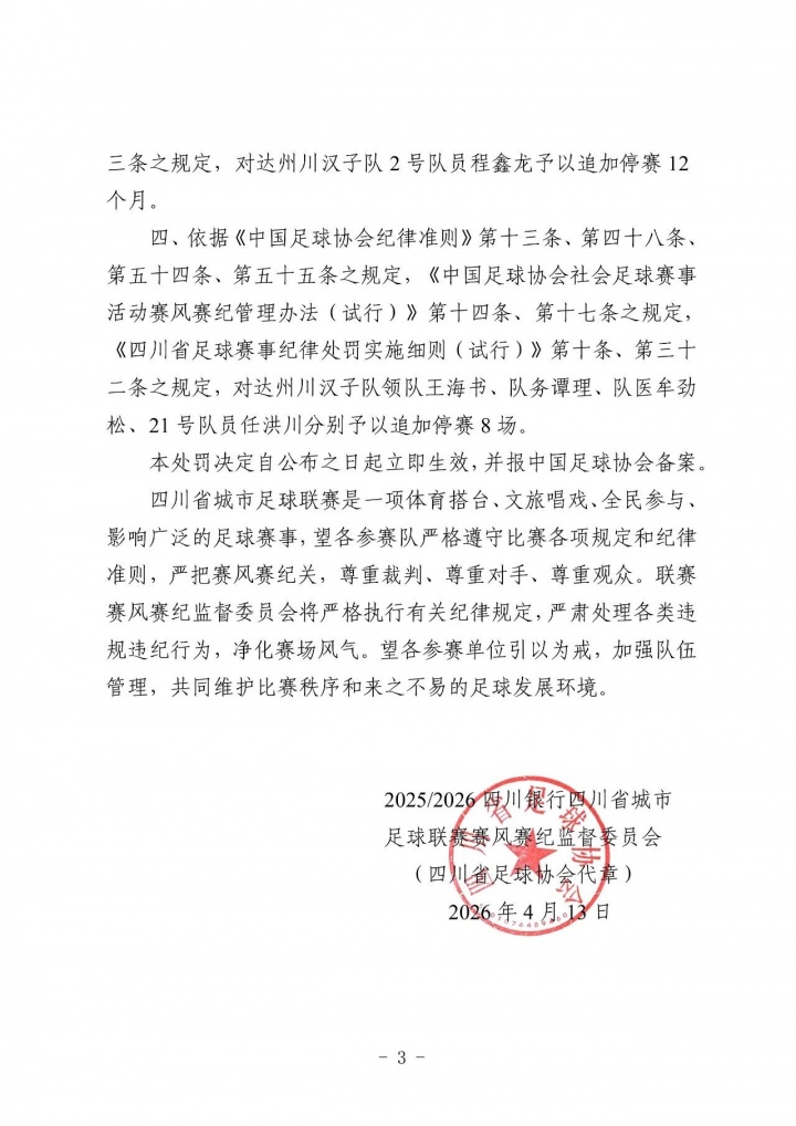 川超重罚达州队 主帅球员停赛一年 四人停赛八场