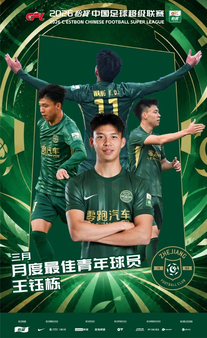 高效终结者：王钰栋3月3球1助攻获中超青年最佳